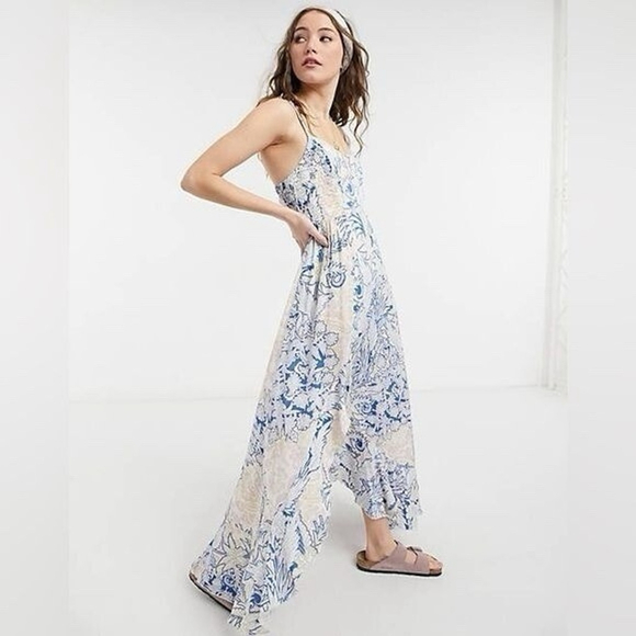 Free People Forever Yours Floral Maxi Dress M Blue Smocked Boho Fairy Vacation - Picture 2 of 14